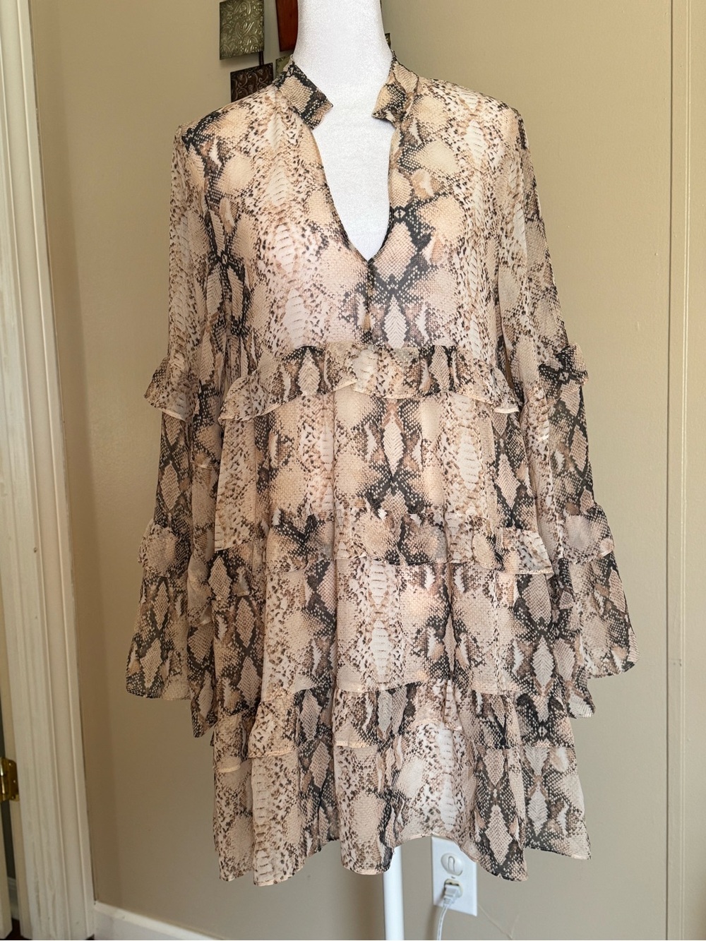 Vici Beige and Black Snake-Print Tiered Mini Dress